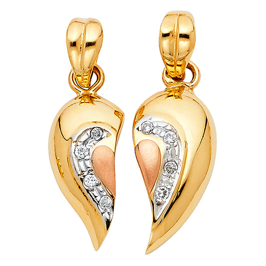 14K Two-tone Gold with White CZ Accented Heart 2 Piece Breakable Charm Pendant Set (17mm x 17mm)