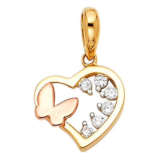 14K Two-tone Gold with White CZ Accented Small/Mini Heart with Butterfly Tiny Charm Pendant  (10mm x 10mm)