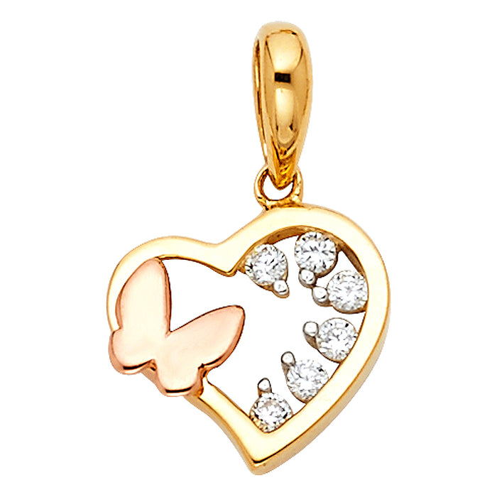 14K Two-tone Gold with White CZ Accented Small/Mini Heart with Butterfly Tiny Charm Pendant  (10mm x 10mm)