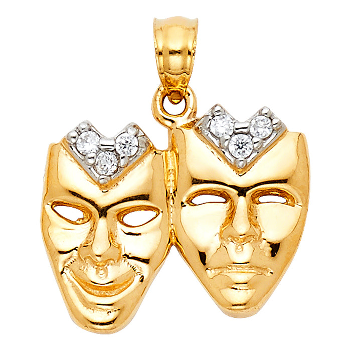 14k Yellow Gold with White CZ Accented Mask Charm Pendant  (18mm x 17mm)