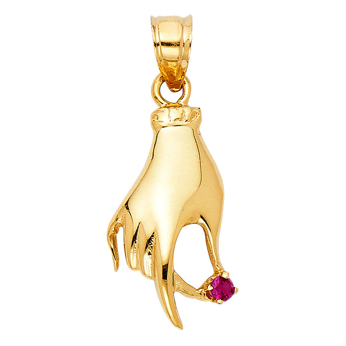 14k Yellow Gold with White CZ Accented Ladies Hand Charm Pendant  (20mm x 10mm)