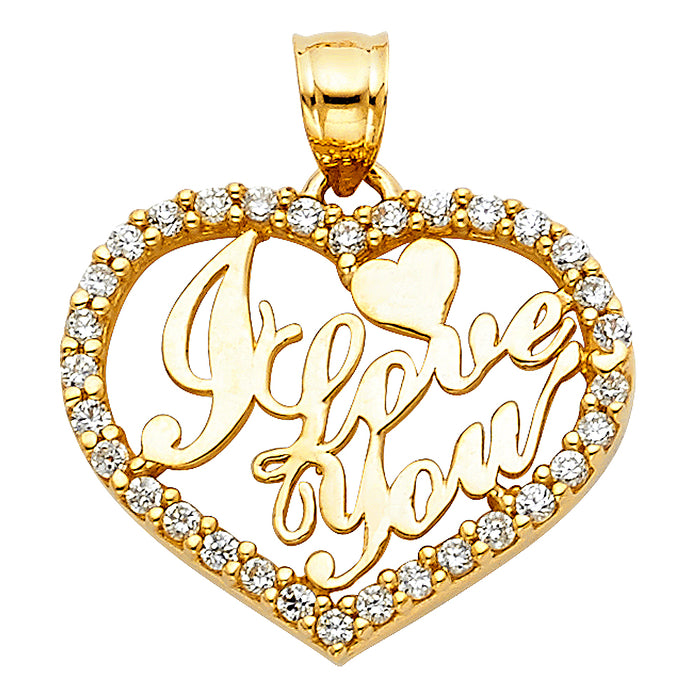 14k Yellow Gold with White CZ Accented I Love You Heart Charm Pendant  (19mm x 23mm)