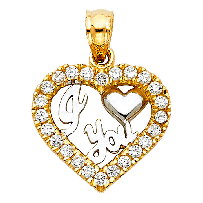 14k Yellow Gold with White CZ Accented I Love You Heart Charm Pendant  (14mm x 15mm)