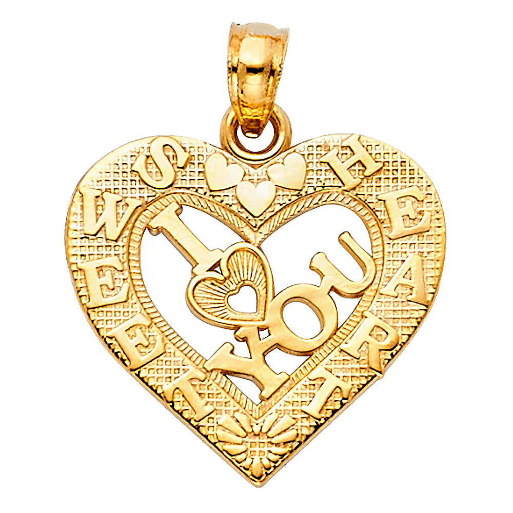 14k Yellow Gold Small/Mini I Love You Heart Charm Pendant  (17mm x 19mm)