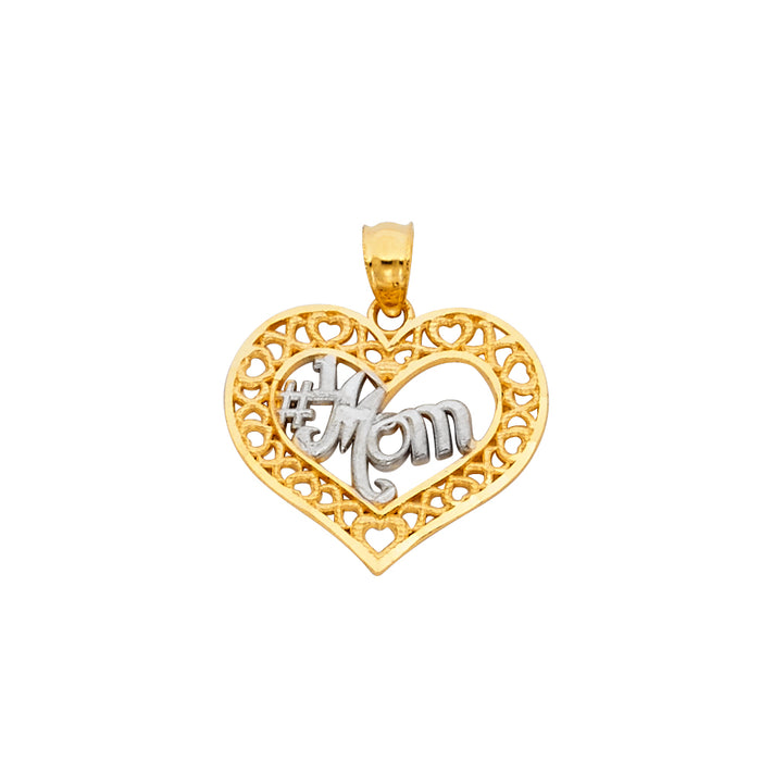 14K Two-tone Gold Small/Mini Mom Heart Charm Pendant  (20mm x 18mm)
