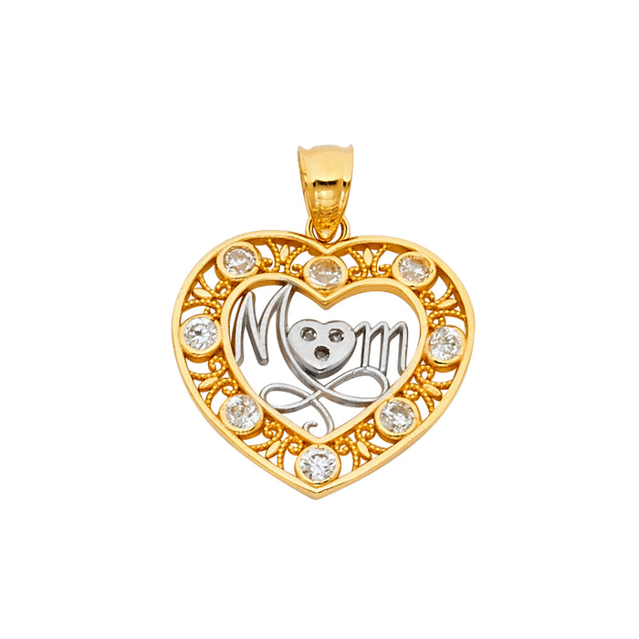 14K Two-tone Gold with White CZ Accented Mom Heart Charm Pendant  (23mm x 20mm)