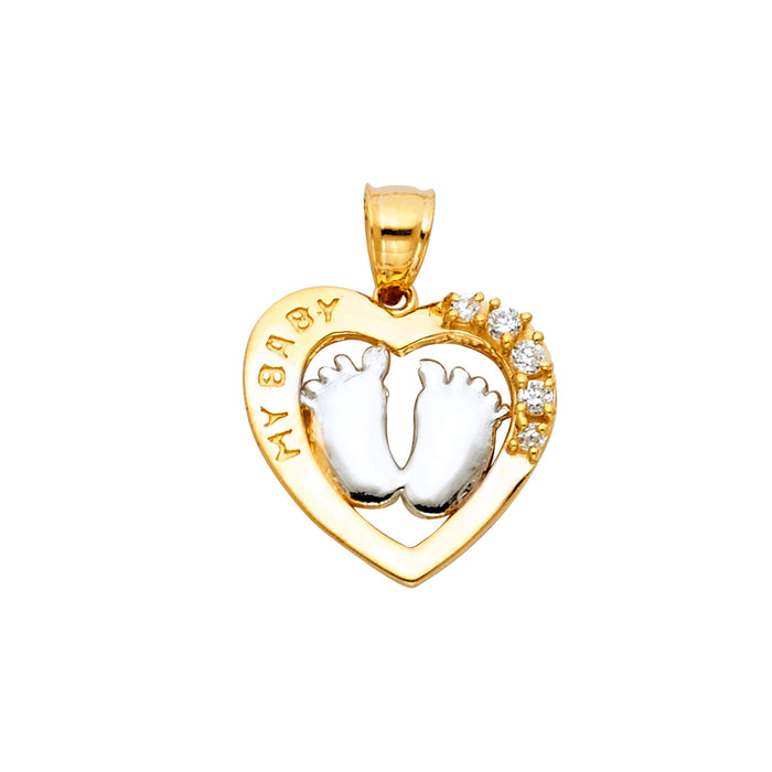14K Two-tone Gold with White CZ Accented My Baby Heart Charm Pendant  (20mm x 18mm)