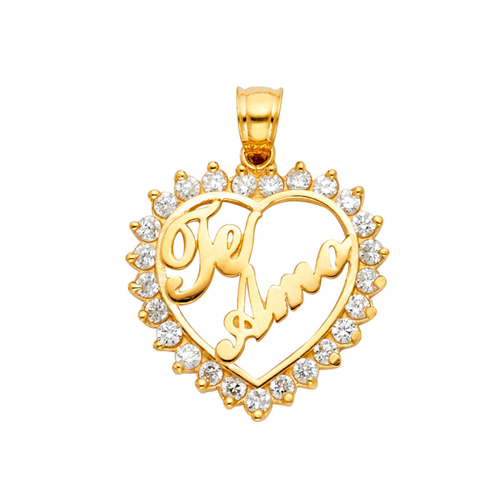 14k Yellow Gold with White CZ Accented Te Amo Heart Charm Pendant  (30mm x 20mm)