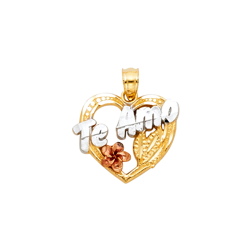 14K Tri-Color Gold Te Amo Heart Charm Pendant  (20mm x 17mm)