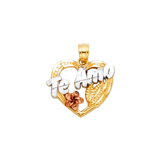 14K Tri-Color Gold Te Amo Heart Charm Pendant  (20mm x 17mm)