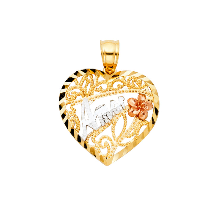 14K Tri-Color Gold Te Amo Heart Charm Pendant  (25mm x 20mm)