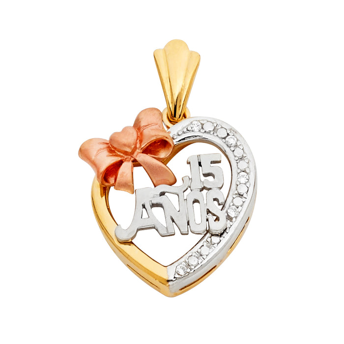 14K Tri-Color Gold Large CZ 15 Years Birthday or Anniversary Heart Charm Pendant  (30mm x 20mm)