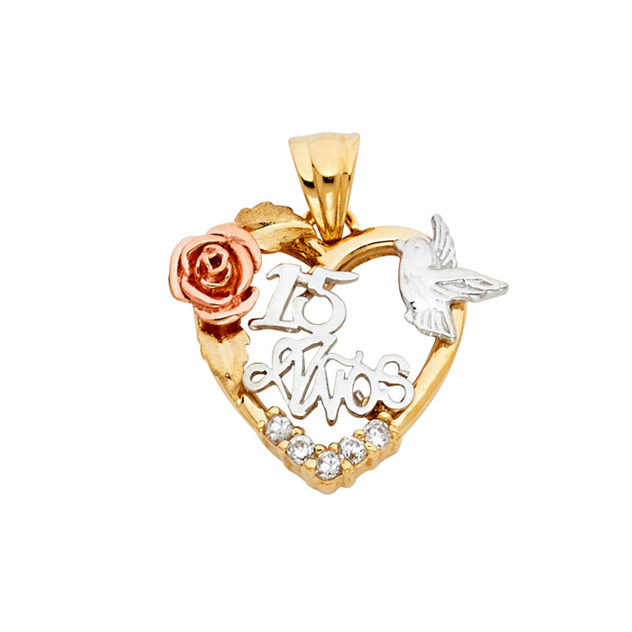 14K Tri-Color Gold with White CZ Accented 15 Years Birthday or Anniversary Heart Charm Pendant  (25mm x 20mm)