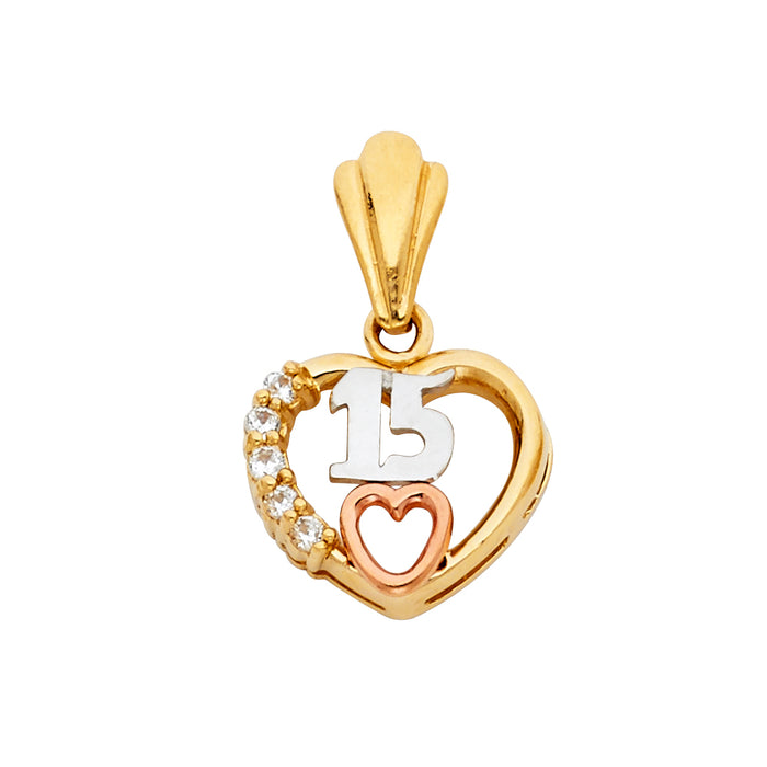 14K Tri-Color Gold with White CZ Accented 15 Years Birthday or Anniversary Heart Charm Pendant  (25mm x 15mm)