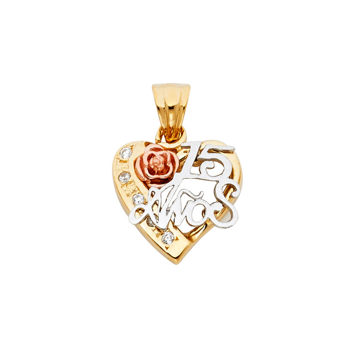 14K Tri-Color Gold with White CZ Accented 15 Years Birthday or Anniversary Heart Charm Pendant  (22mm x 15mm)