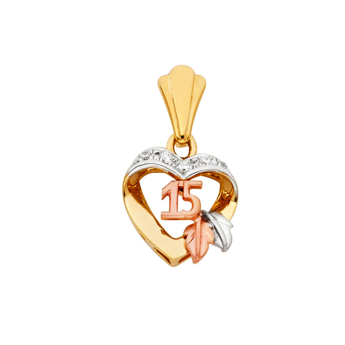 14K Tri-Color Gold with White CZ Accented 15 Years Birthday or Anniversary Heart Charm Pendant  (25mm x 15mm)