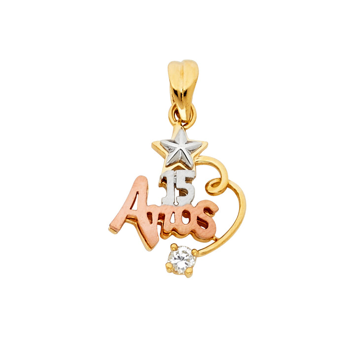 14K Tri-Color Gold with White CZ Accented 15 Years Birthday or Anniversary Charm Pendant  (25mm x 17mm)