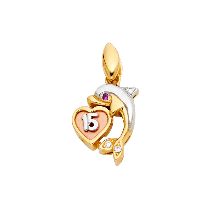 14K Tri-Color Gold with White CZ Accented 15 Years Birthday or Anniversary Charm Pendant  (22mm x 15mm)