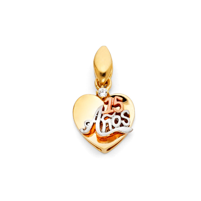 14K Tri-Color Gold with White CZ Accented 15 Years Birthday or Anniversary Heart Charm Pendant  (22mm x 13mm)