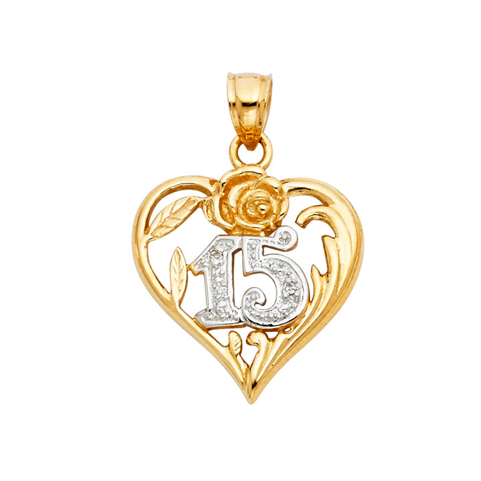 14K Two-tone Gold 15 Years Birthday or Anniversary Heart Charm Pendant  (27mm x 20mm)