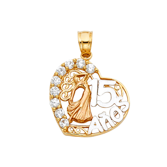 14K Tri-Color Gold with White CZ Accented 15 Years Birthday or Anniversary Heart Charm Pendant  (25mm x 20mm)