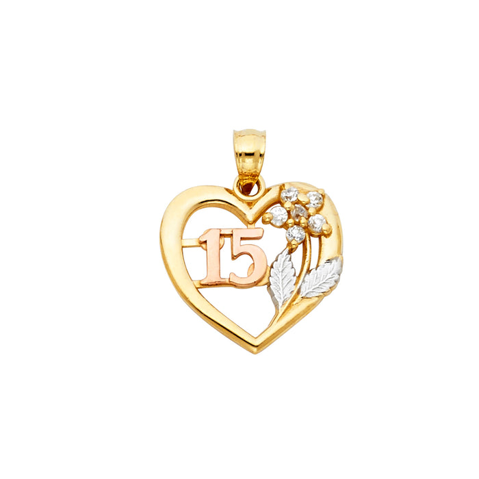 14K Tri-Color Gold with White CZ Accented 15 Years Birthday or Anniversary Heart Charm Pendant  (20mm x 15mm)