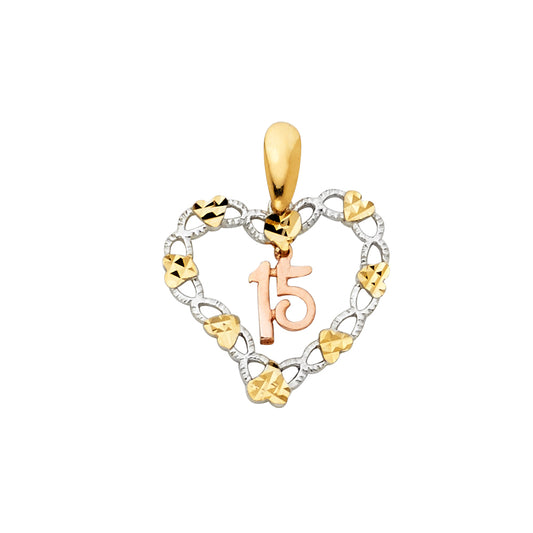 14K Tri-Color Gold Small/Mini 15 Years Birthday or Anniversary Heart Charm Pendant  (22mm x 18mm)