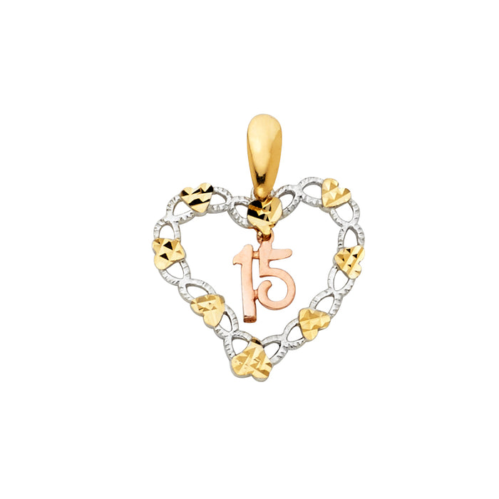14K Tri-Color Gold Small/Mini 15 Years Birthday or Anniversary Heart Charm Pendant  (22mm x 18mm)