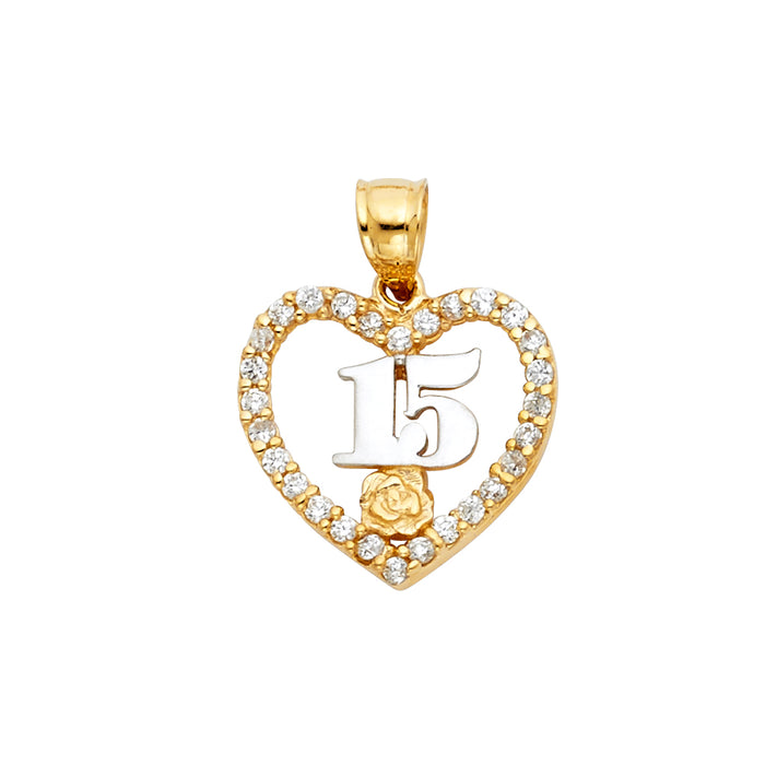 14K Two-tone Gold with White CZ Accented 15 Years Birthday or Anniversary Heart Charm Pendant  (23mm x 18mm)