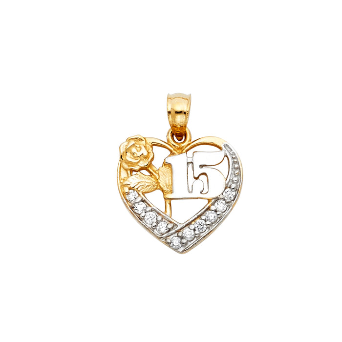14K Two-tone Gold with White CZ Accented 15 Years Birthday or Anniversary Heart Charm Pendant  (20mm x 15mm)