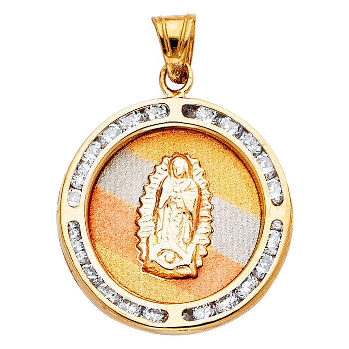 14K Tri-Color Gold with White CZ Accented Virgen De Guadalupe Pendant (20mm x 18mm)