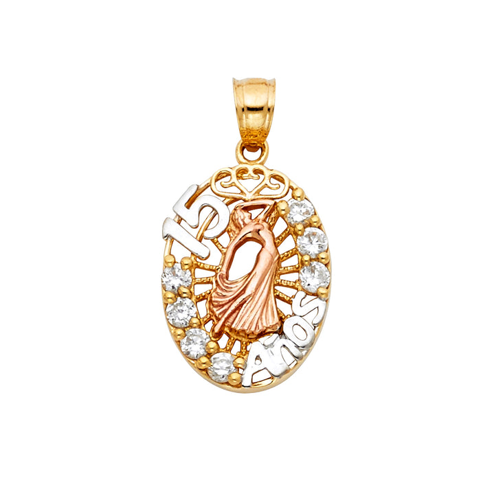 14K Tri-Color Gold with White CZ Accented 15 Years Birthday or Anniversary Charm Pendant  (25mm x 15mm)