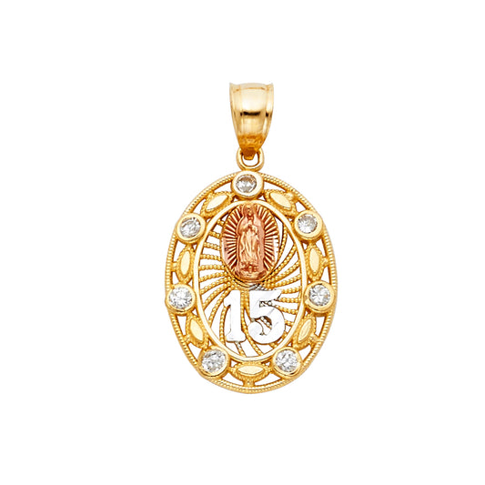 14K Tri-Color Gold with White CZ Accented 15 Years Birthday or Anniversary Charm Pendant  (25mm x 15mm)