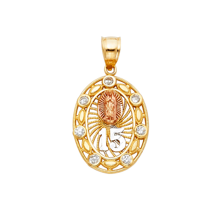 14K Tri-Color Gold with White CZ Accented 15 Years Birthday or Anniversary Charm Pendant  (25mm x 15mm)