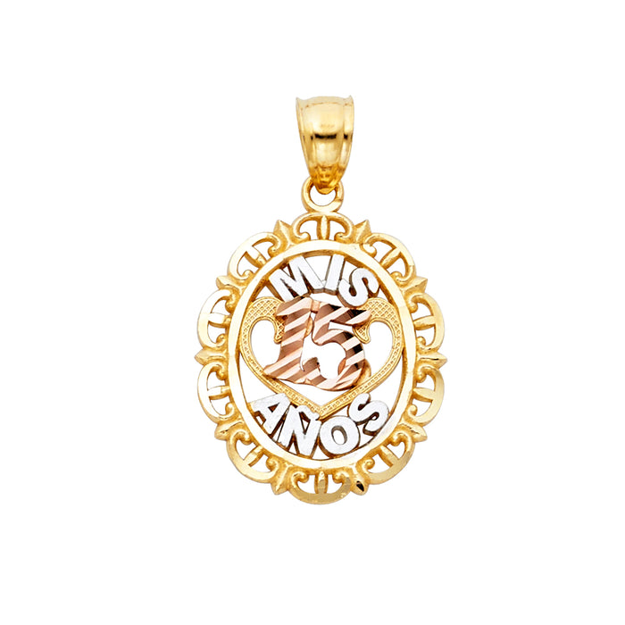 14K Tri-Color Gold 15 Years Birthday or Anniversary Charm Pendant  (17mm x 17mm)