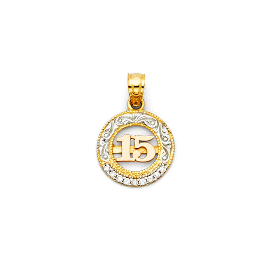 14K Two-tone Gold Small/Mini 15 Years Birthday or Anniversary Charm Pendant  (17mm x 12mm)