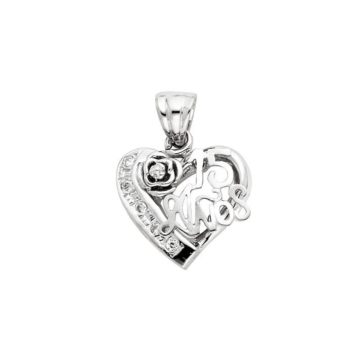 14k White Gold with White CZ Accented 15 Years Birthday or Anniversary Heart Charm Pendant  (22mm x 15mm)