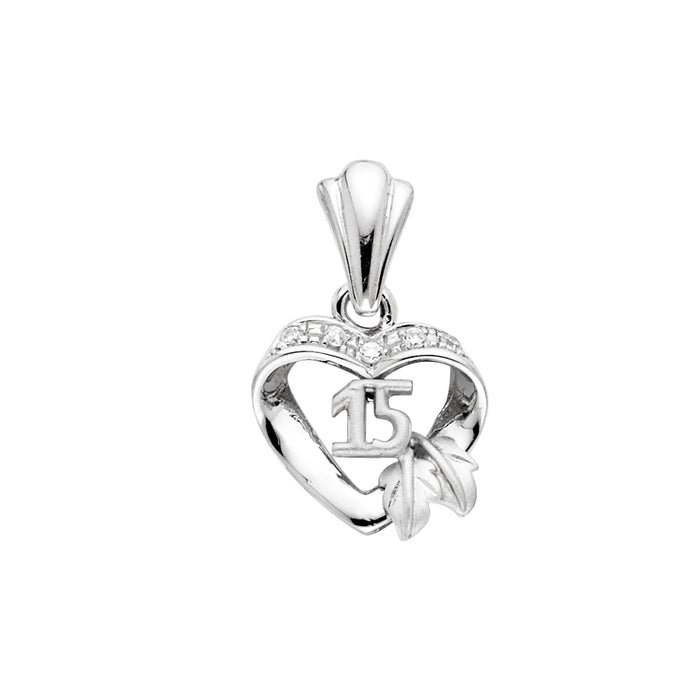 14k White Gold with White CZ Accented 15 Years Birthday or Anniversary Heart Charm Pendant  (25mm x 15mm)