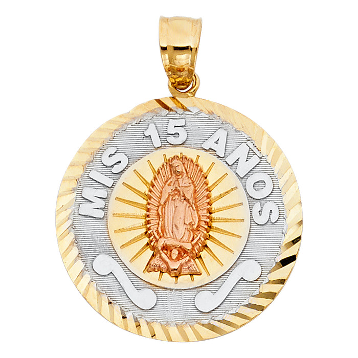 14K Tri-Color Gold 15 Years Birthday or Anniversary Charm Pendant  (23mm x 23mm)
