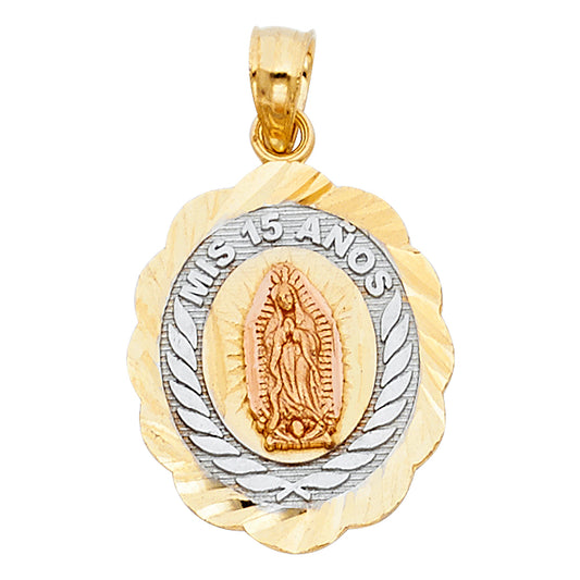 14K Tri-Color Gold 15 Years Birthday or Anniversary Charm Pendant  (20mm x 16mm)