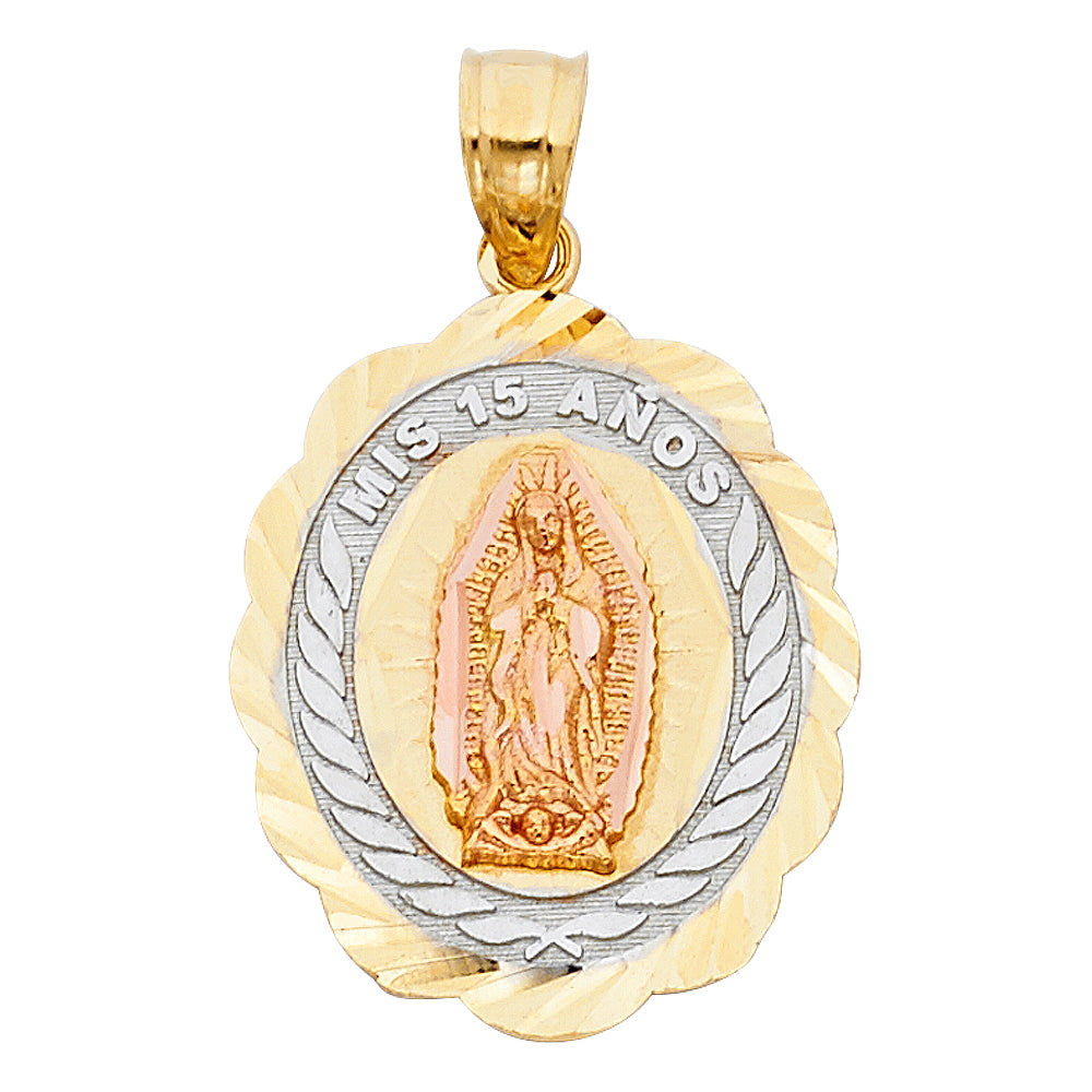 14K Tri-Color Gold 15 Years Birthday or Anniversary Charm Pendant  (23mm x 19mm)