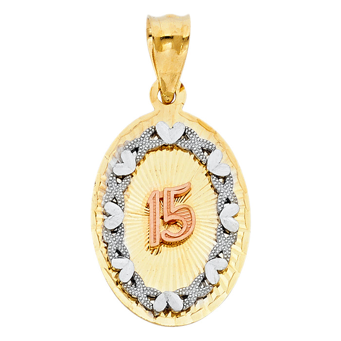 14K Tri-Color Gold 15 Years Birthday or Anniversary Charm Pendant  (25mm x 18mm)