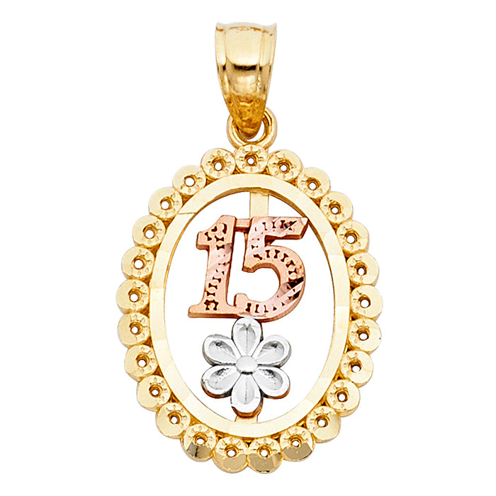 14K Tri-Color Gold 15 Years Birthday or Anniversary Charm Pendant  (21mm x 16mm)