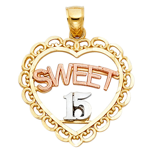 14K Tri-Color Gold 15 Years Birthday or Anniversary Heart Charm Pendant  (22mm x 24mm)