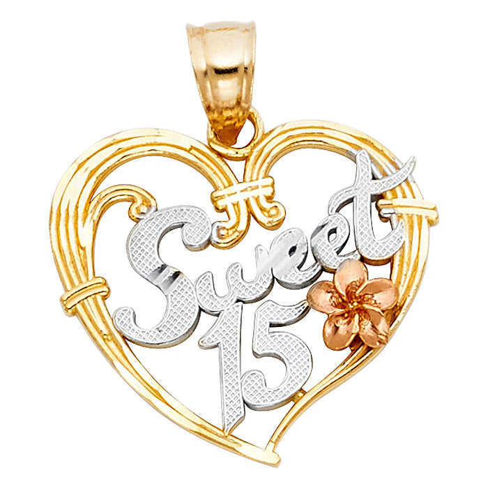 14K Tri-Color Gold 15 Years Birthday or Anniversary Heart Charm Pendant  (19mm x 21mm)