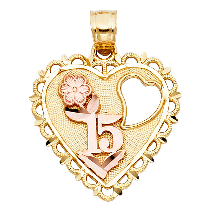 14K Two-tone Gold 15 Years Birthday or Anniversary Heart Charm Pendant  (20mm x 21mm)