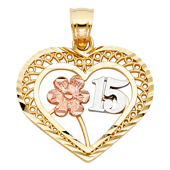 14K Two-tone Gold 15 Years Birthday or Anniversary Heart Charm Pendant  (19mm x 22mm)