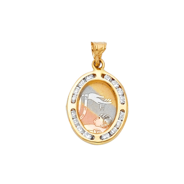 14K Tri-Color Gold Small/Mini Oval Baptism Charm Pendant, Channel Set CZ Accent, (20 x 13mm)