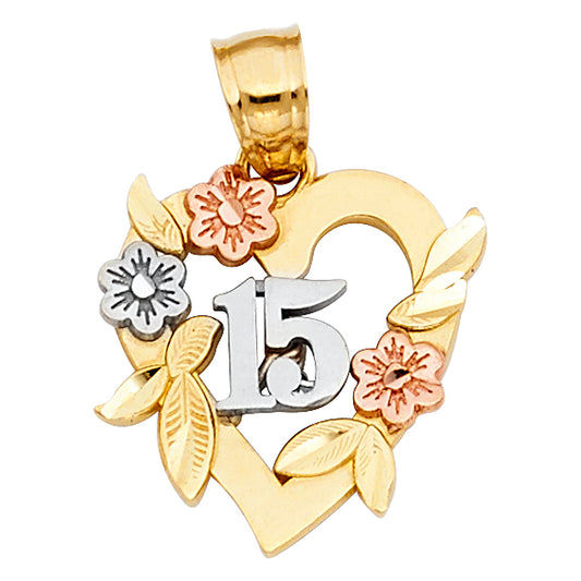 14K Tri-Color Gold 15 Years Birthday or Anniversary Heart Charm Pendant  (16mm x 15mm)
