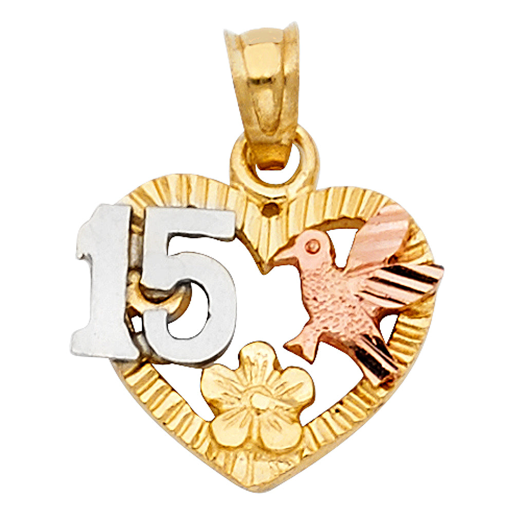 14K Two-tone Gold 15 Years Birthday or Anniversary Heart Charm Pendant  (13mm x 14mm)